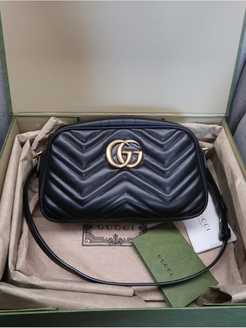 Gucci Black Chevron Leather Crossbody with Gold Double GG